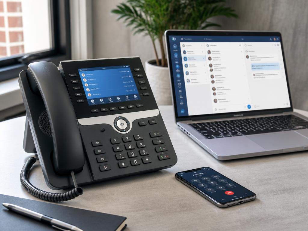 Business VoIP desk phone on a professional office desk