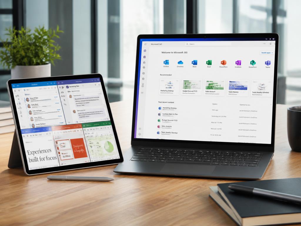 Staff collaborating in Microsoft 365 apps on laptops in a modern office