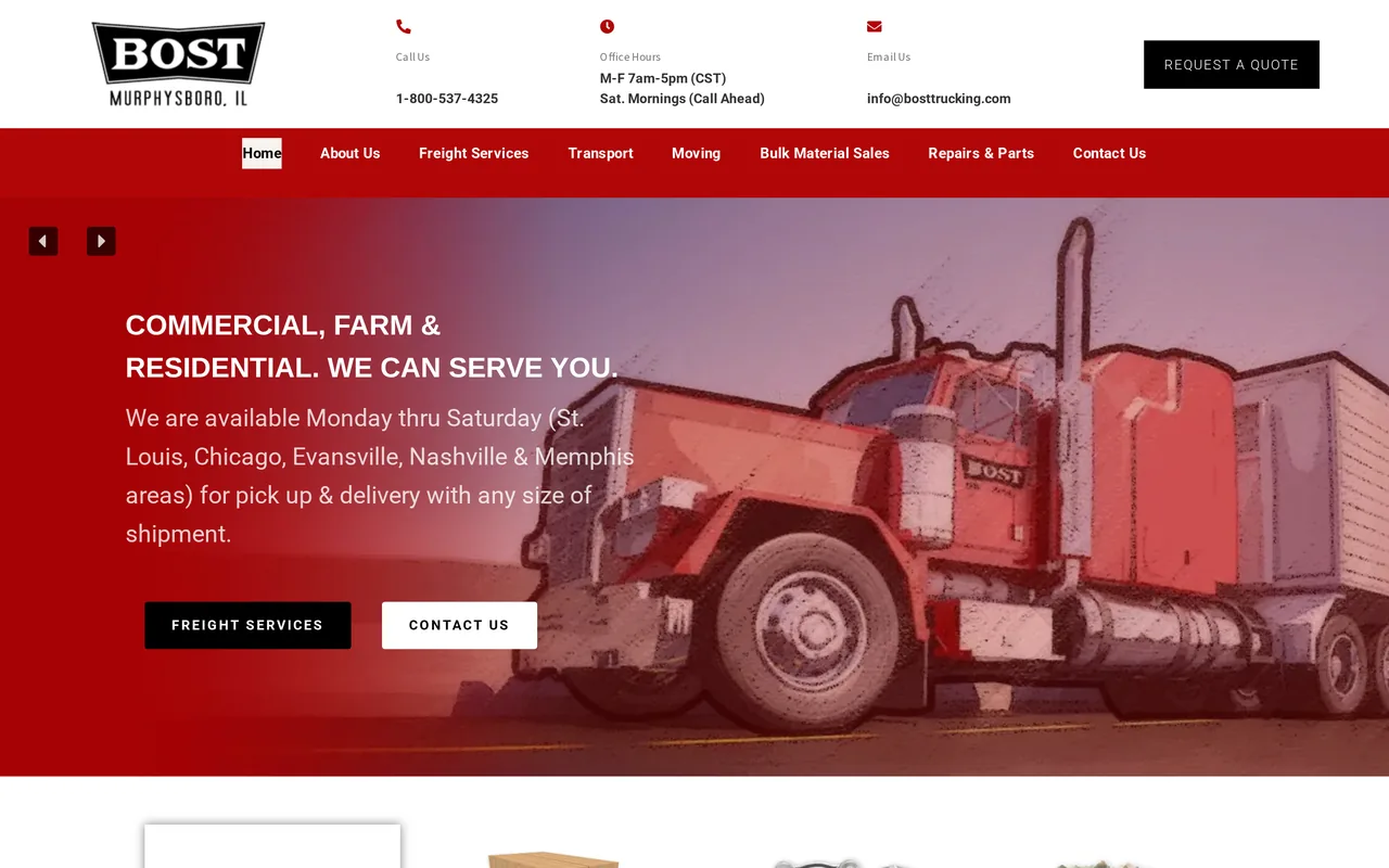 Homepage of the Bost Trucking Service website designed by Mayer Branding