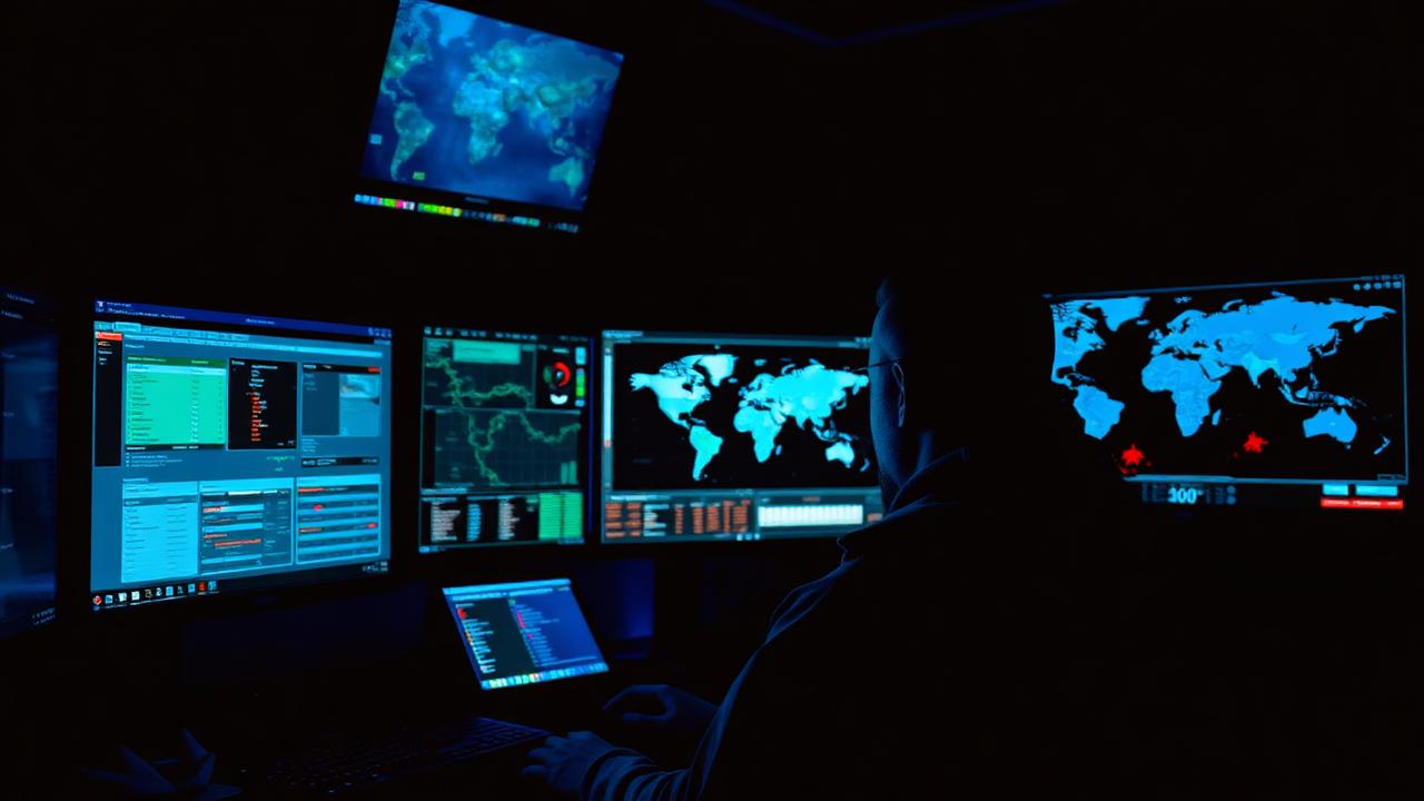 Security analyst monitoring threat dashboards across several screens
