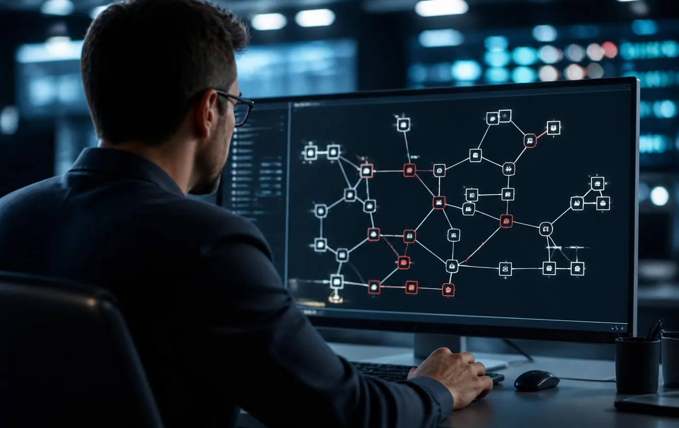 Network design documentation and diagrams on an engineer's desk