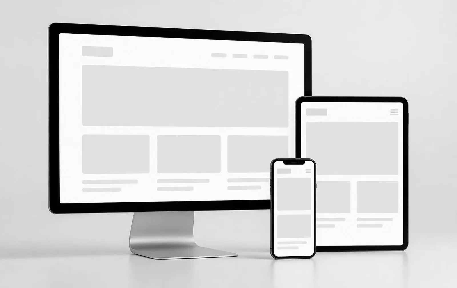 A desktop monitor, tablet and phone showing the same website layout at three sizes