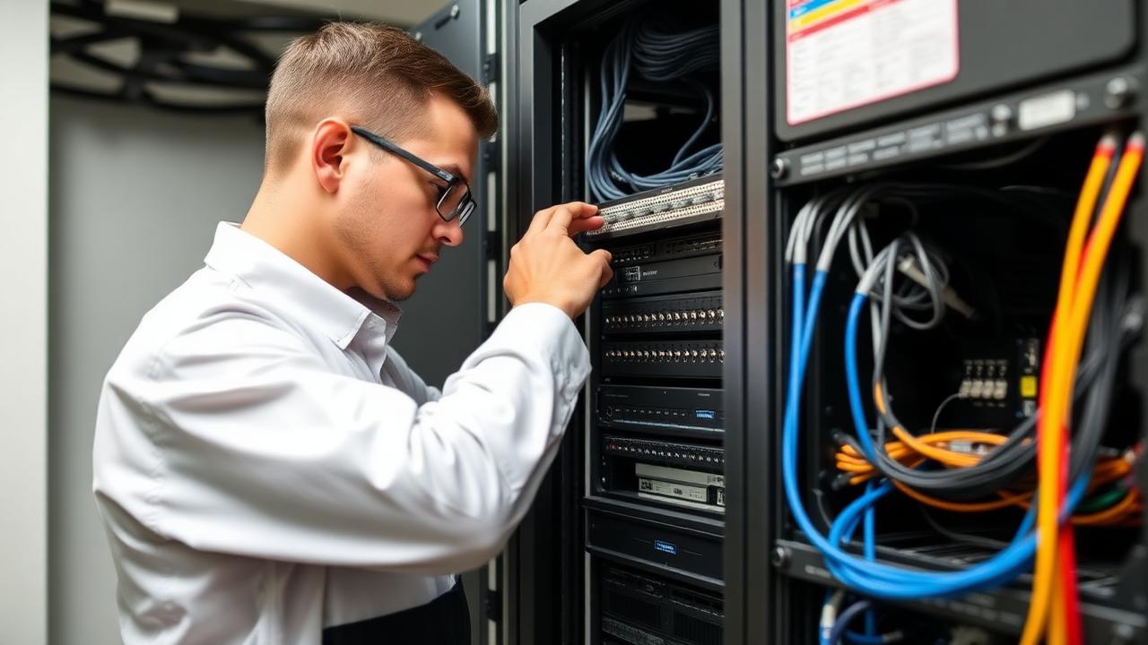 Technician servicing a rack of network and server equipment in a municipal server room