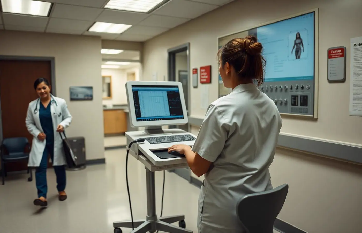 Clinical staff working at a workstation on wheels in a medical clinic hallway