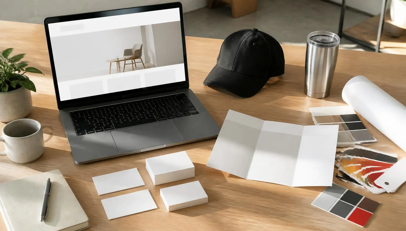 A design studio table with a laptop, business cards, brochure, cap, tumbler and color swatch fans