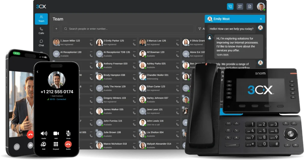 Official 3CX imagery: the V20 Web Client, the 3CX smartphone app on a live call, and a supported IP desk phone.