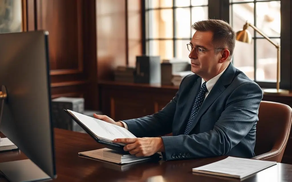 Attorney reviewing a case file beside a matter management screen