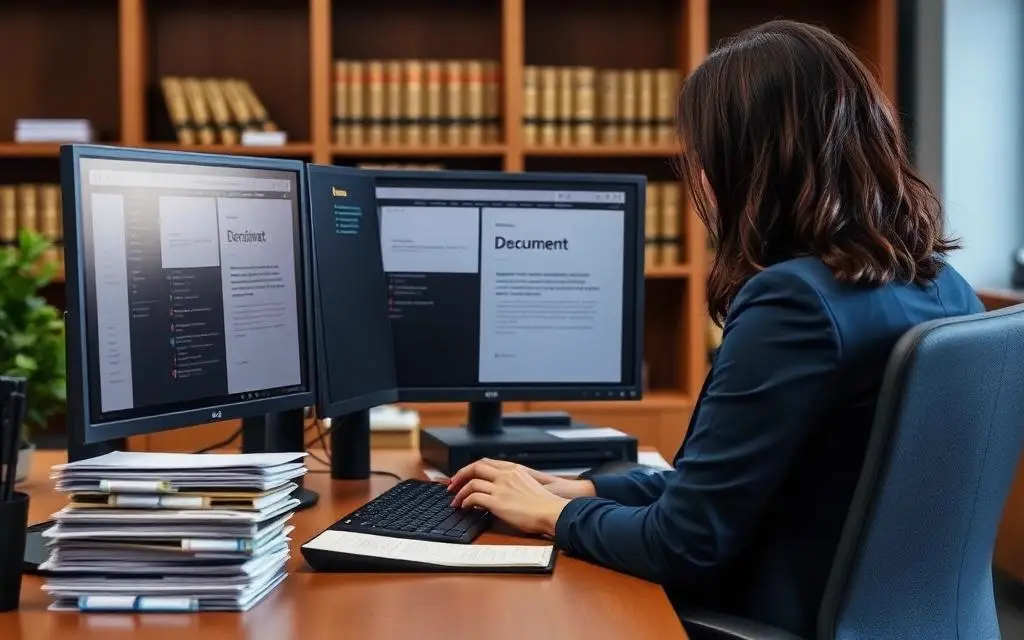 Paralegal organizing digital case documents on dual monitors