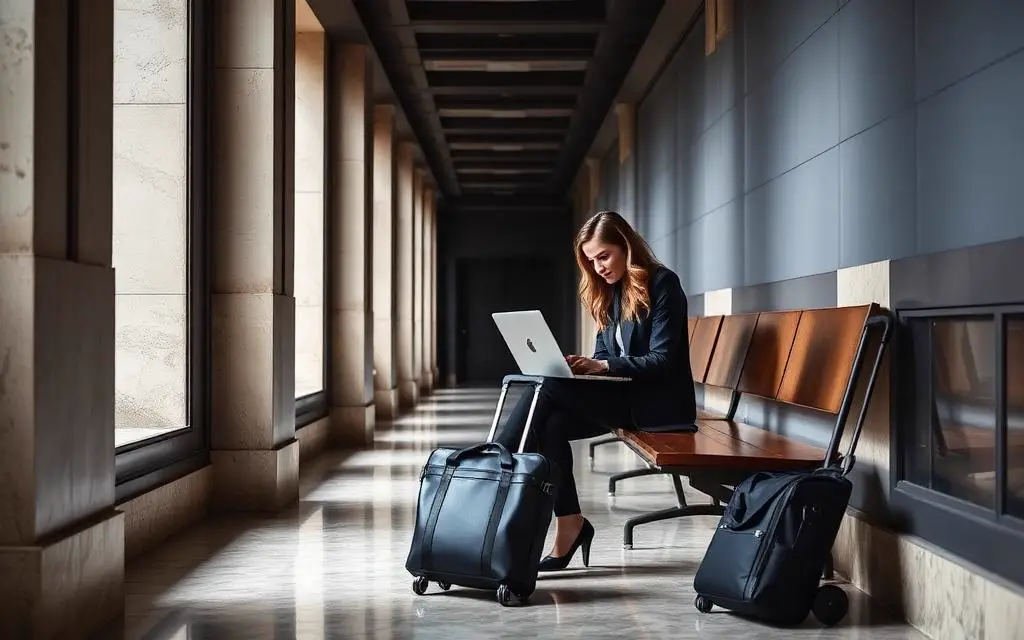 Attorney working on a laptop in a courthouse corridor