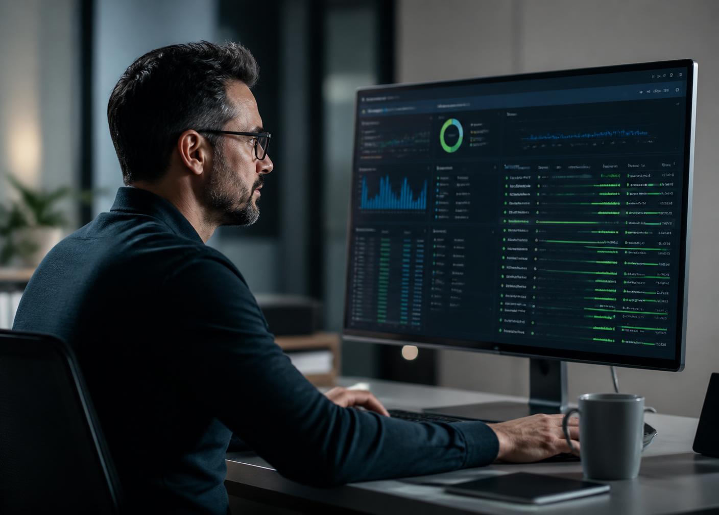A Mayer Networks specialist reviewing backup session status on a monitor