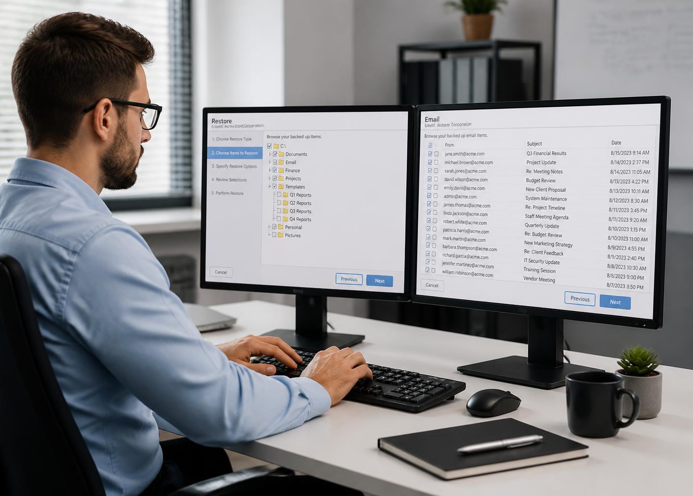 A Mayer Networks technician working through a data recovery request for a client at a dual-monitor desk