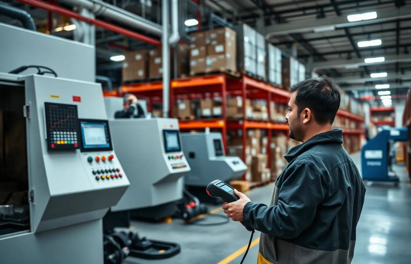 Plant floor with machinery and warehouse racking