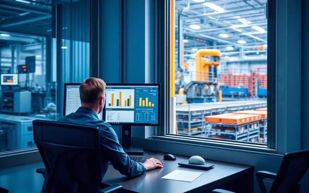 Plant office workstation with production dashboards