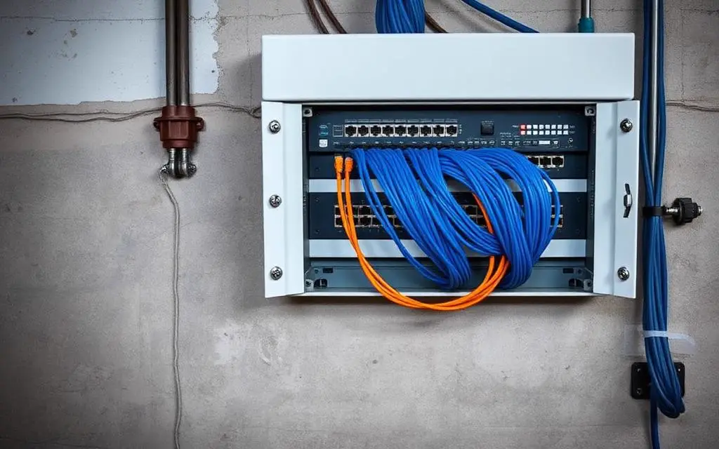 Industrial network cabinet with patch panel and switches
