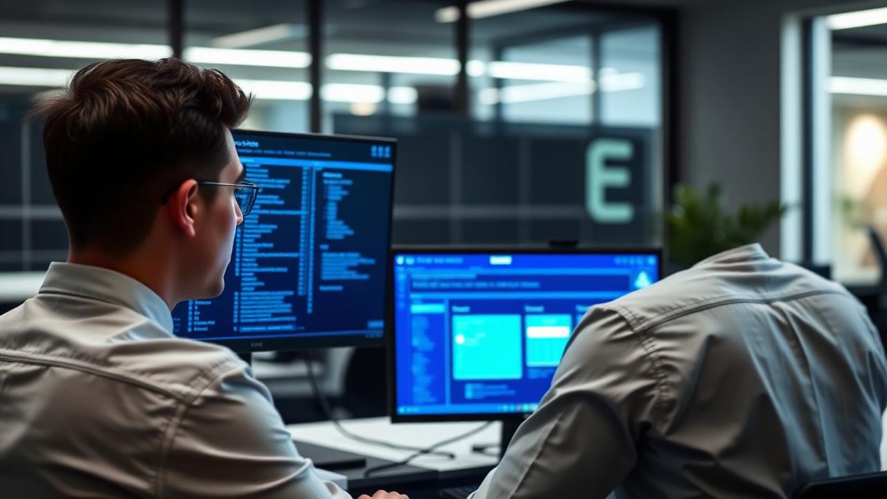 Administrator reviewing a cloud data recovery console on two monitors