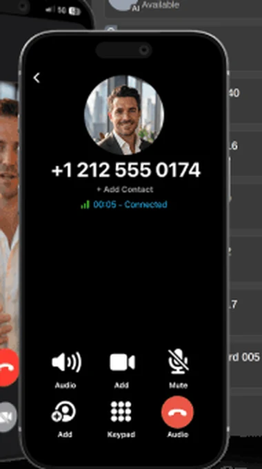 Official 3CX imagery: the 3CX smartphone app on an active business call with audio, video, transfer and keypad controls.