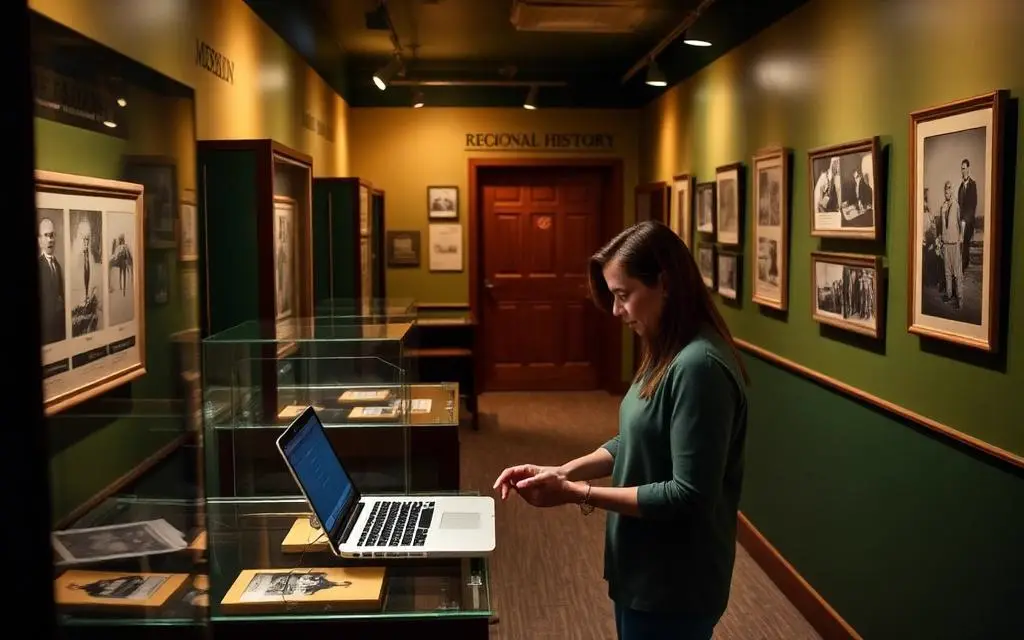 Museum staff member cataloging an exhibit on a laptop