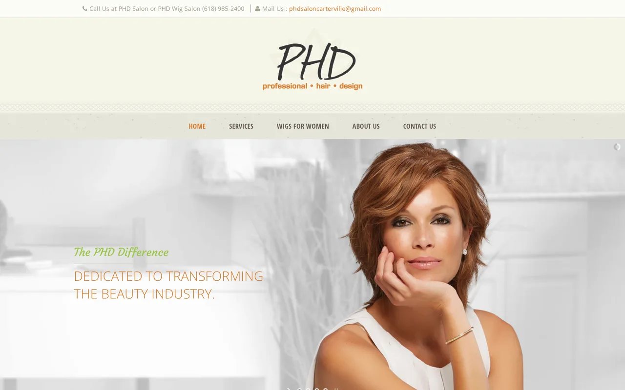 Homepage of the PHD Salon website designed by Mayer Branding