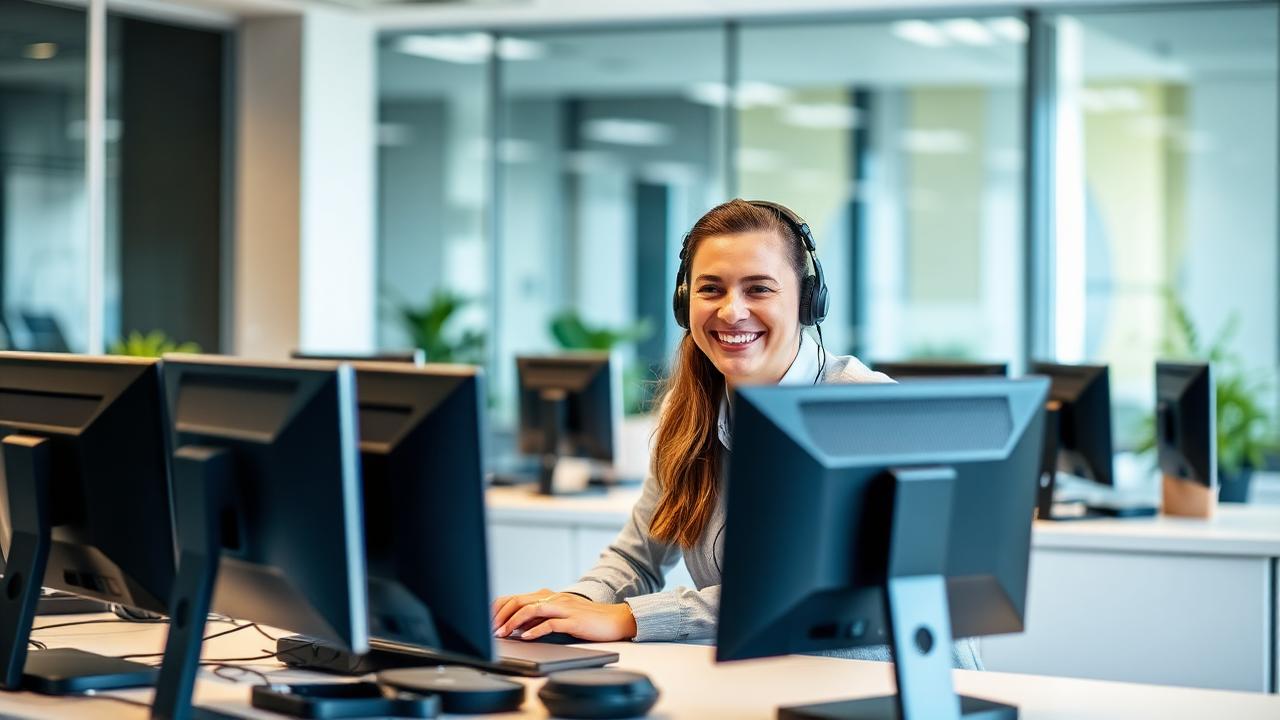 IT support professional working at a helpdesk workstation with a headset