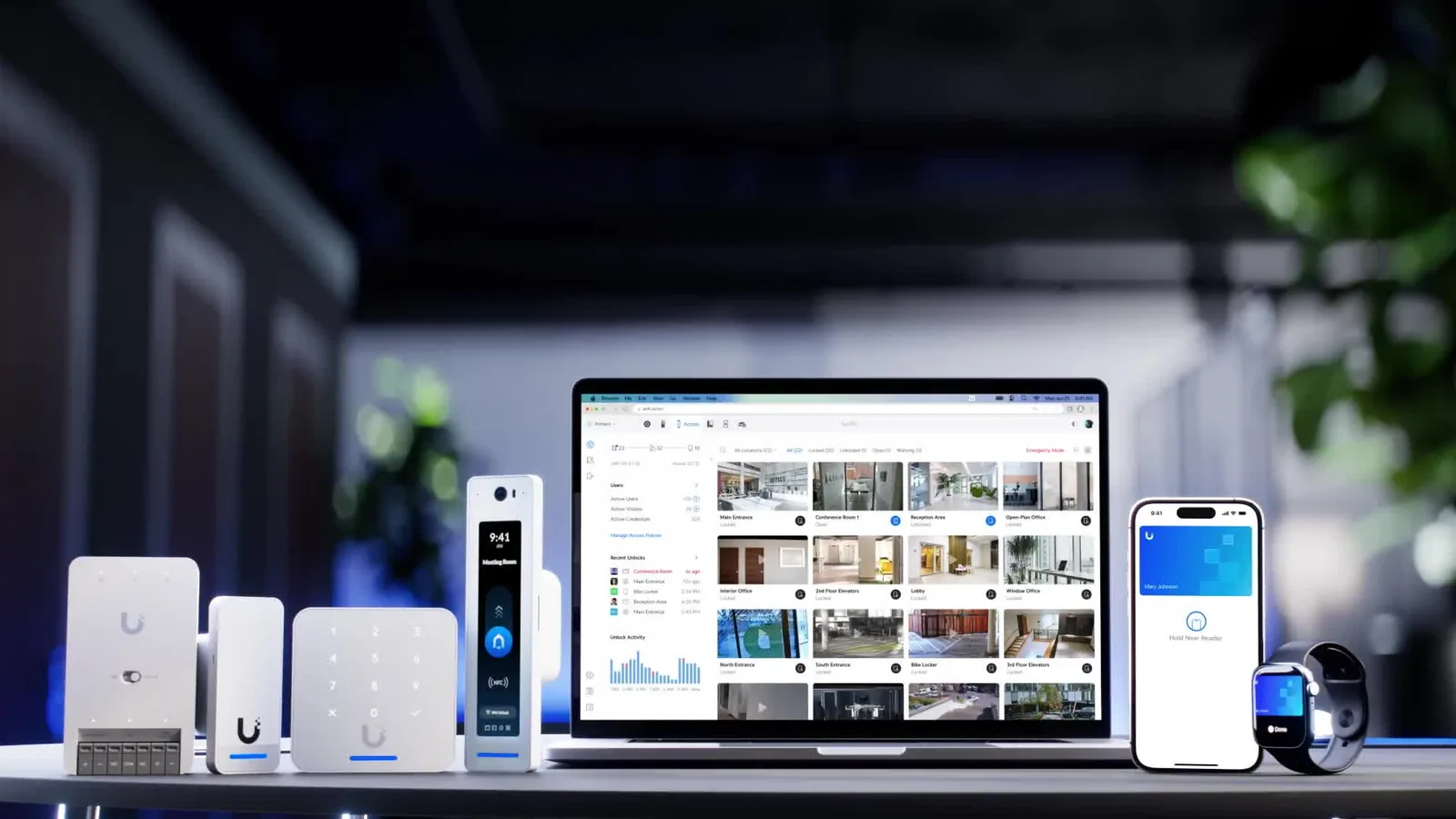 UniFi Protect cameras, gateway and recording hardware alongside the Protect interface on a laptop and phone