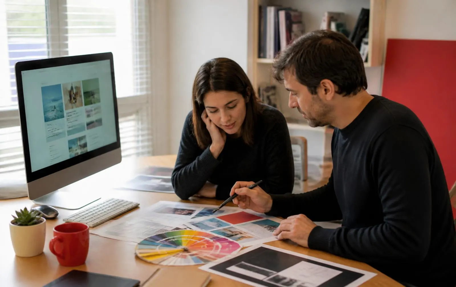 Two designers reviewing printed proofs beside a monitor showing a website layout