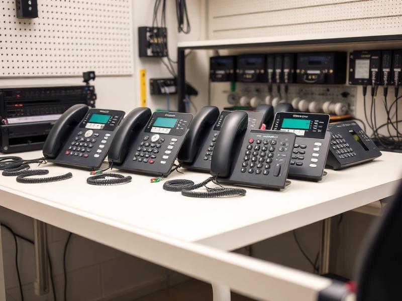 Business desk phones staged for provisioning on a technician bench