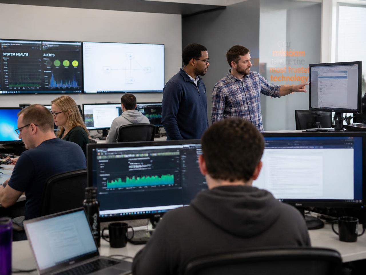 Mayer Networks technology support staff working together across monitors in an operations workspace