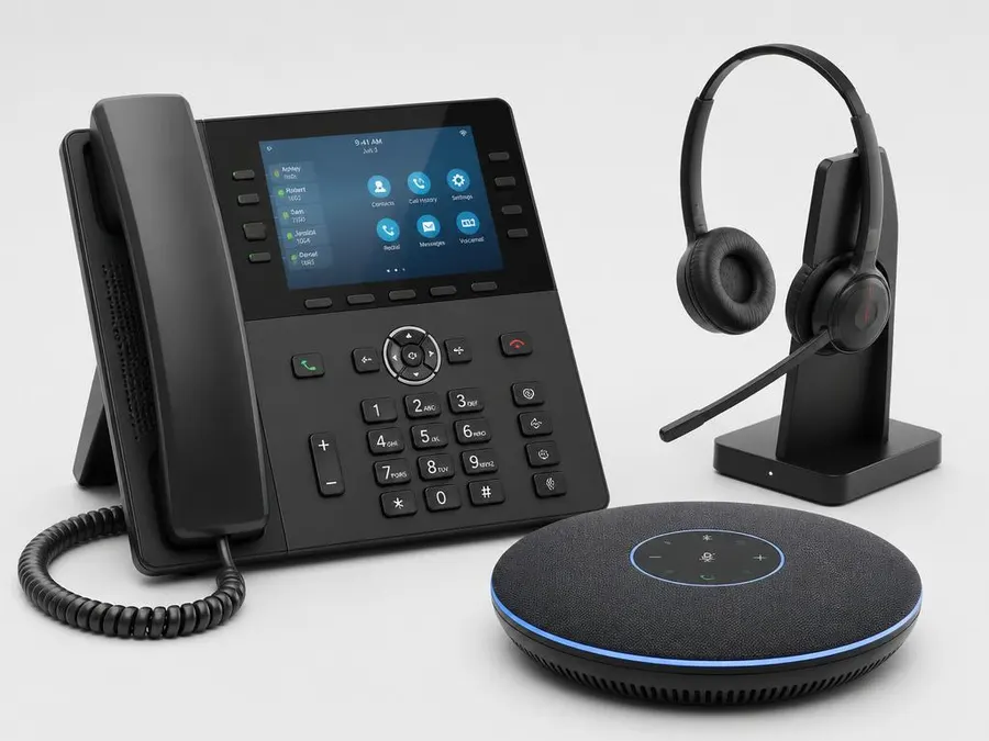 Modern VoIP desk phone, wireless headset and conference speakerphone