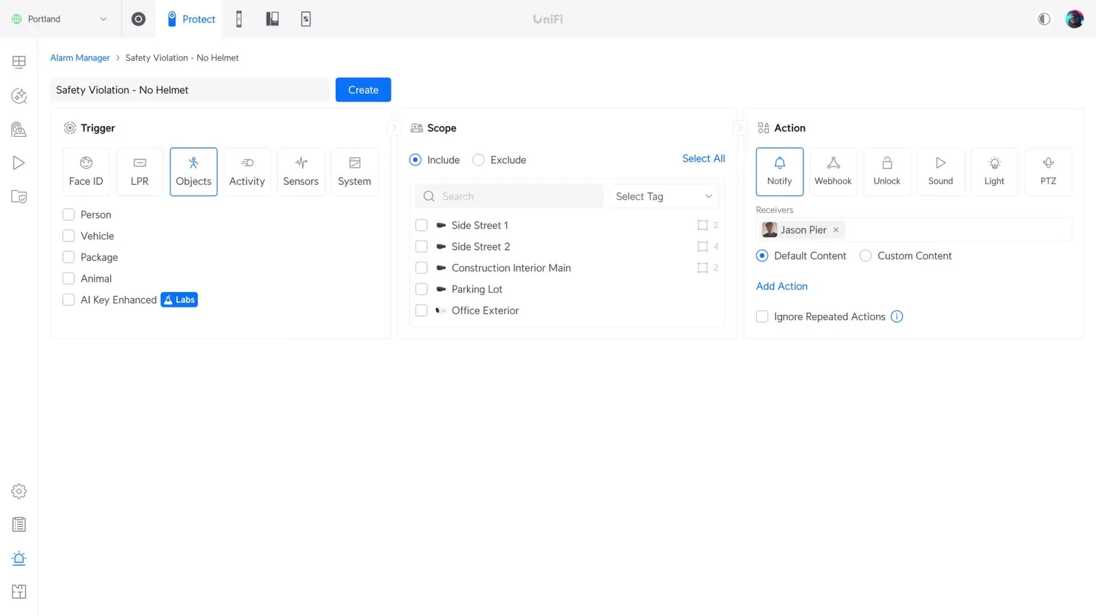 UniFi Protect interface showing detection triggers, scope and alarm actions