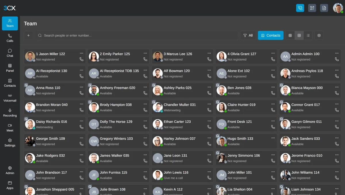 Official 3CX screenshot: the V20 Web Client Team view showing extensions, presence status and call controls.